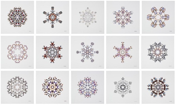 Fifteen digital images of snowflakes.