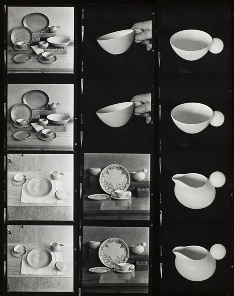 Black and white proof sheet of dinner sets, cups and jugs.