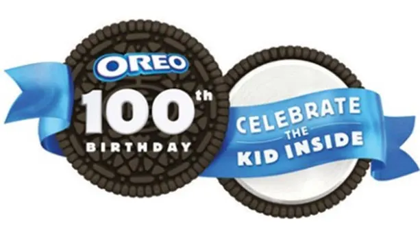 Oreo's 100th birthday design with an opened Oreo cookie stating "Celebrate the kid inside"