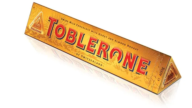 Toblerone package from 2008 featuring a gold packaging theme.