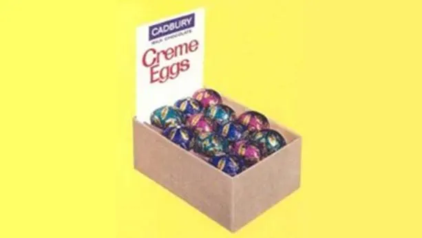 Old style picture from 1971 of a carton of Cadbury creme eggs.