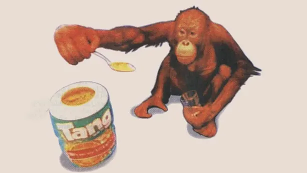 Illustration from 1995 of an orangutan holding a spoon with tang powder in it over a jar of tang.