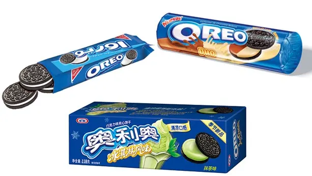 "Multiple Oreo packages from different countries. One in Chinese with a green tea flavour. One with a mocha flavour."