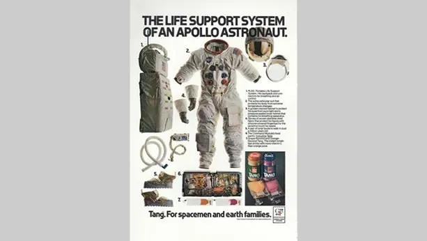 Ad from 1968 of an Apollo astronaut's life support system. Includes various gear and features tang products.