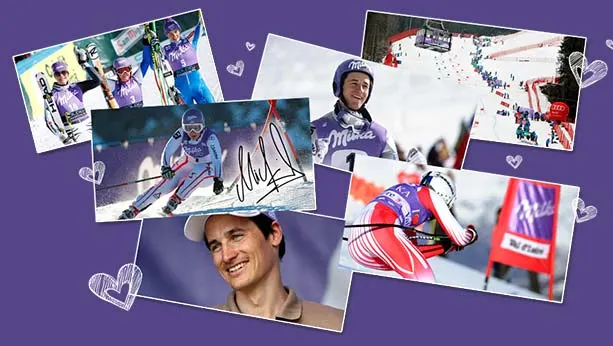 1995 Ski sponsor visual with 6 various pictures showing skier racing and smiling.