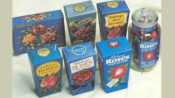 6 Boxes in different styles of Cadbury Roses snack with 1 Jar of cadbury roses.
