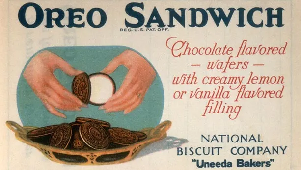 "Oreo sandwich ad from 1923 "Chocolate flavored wafers with creamy lemon or vanilla flavored filling"