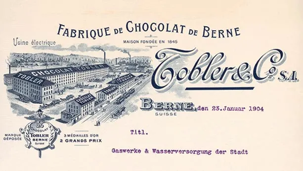 1899 illustration of Toblerone chocolate factory. All black ink written in French.