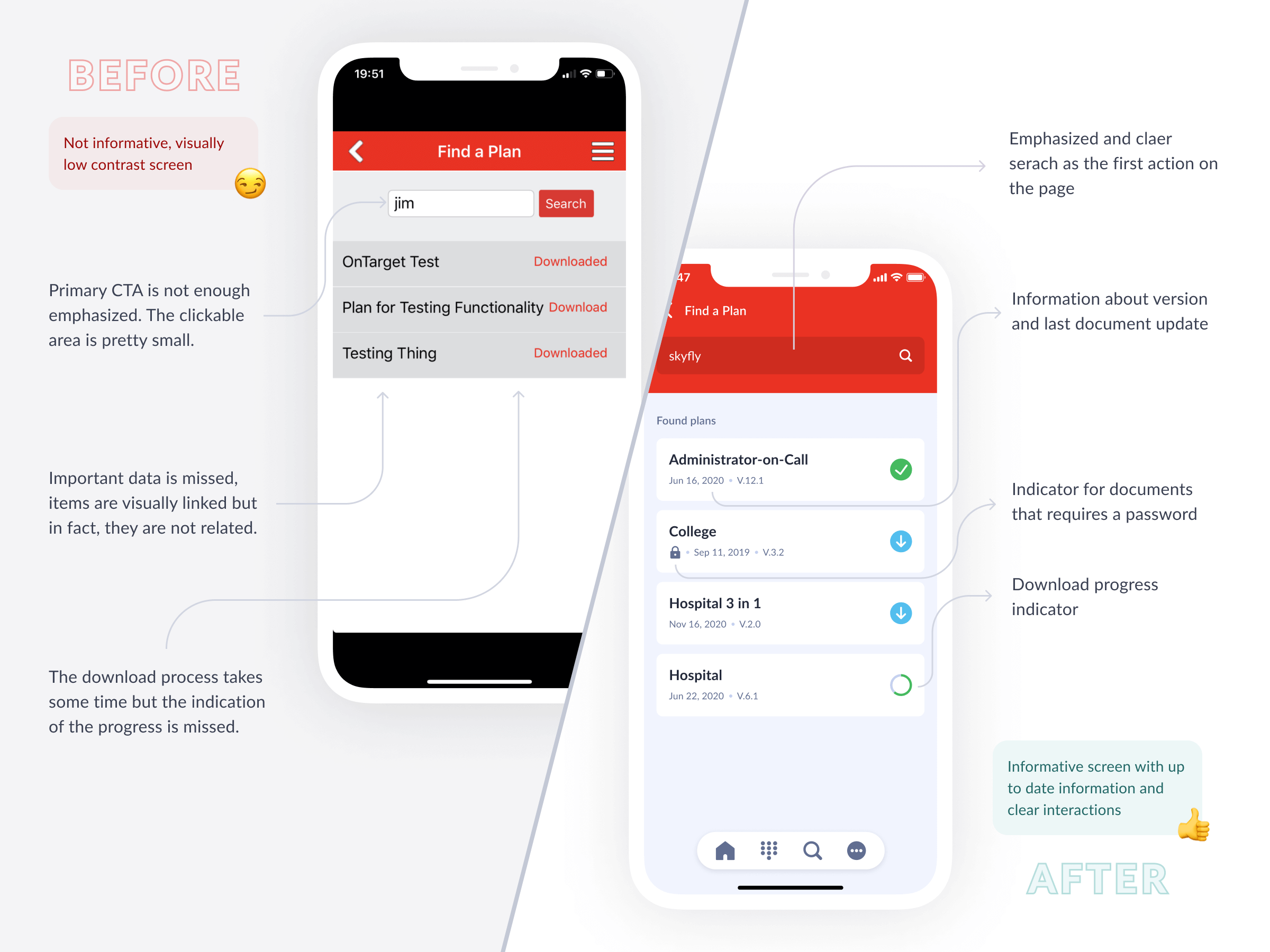 Comparison of the My-EOP Plans app interface before and after a redesign