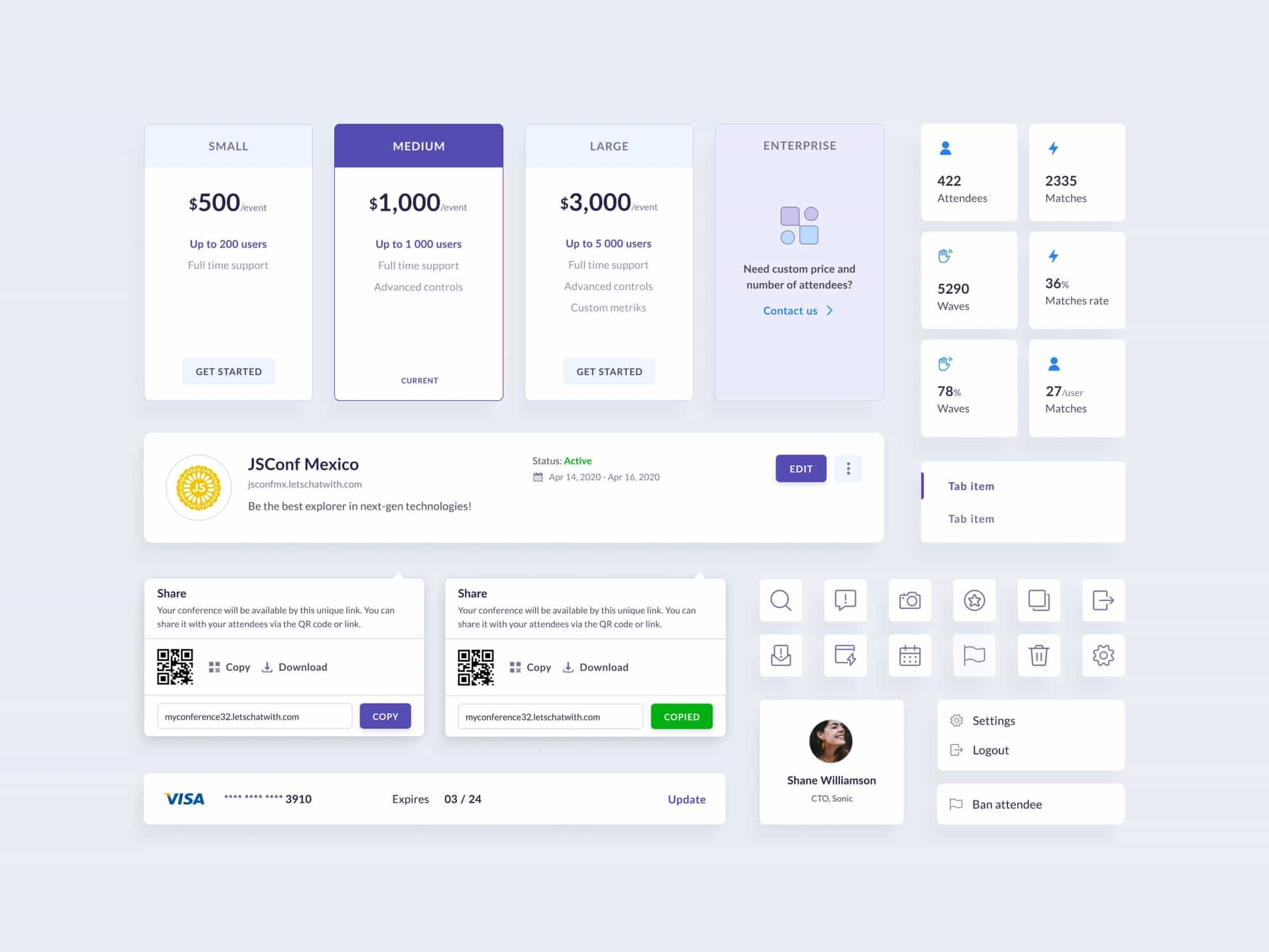 User interface for organizers showing pricing plans, conference details, sharing options, user statistics, and various icons for settings and actions