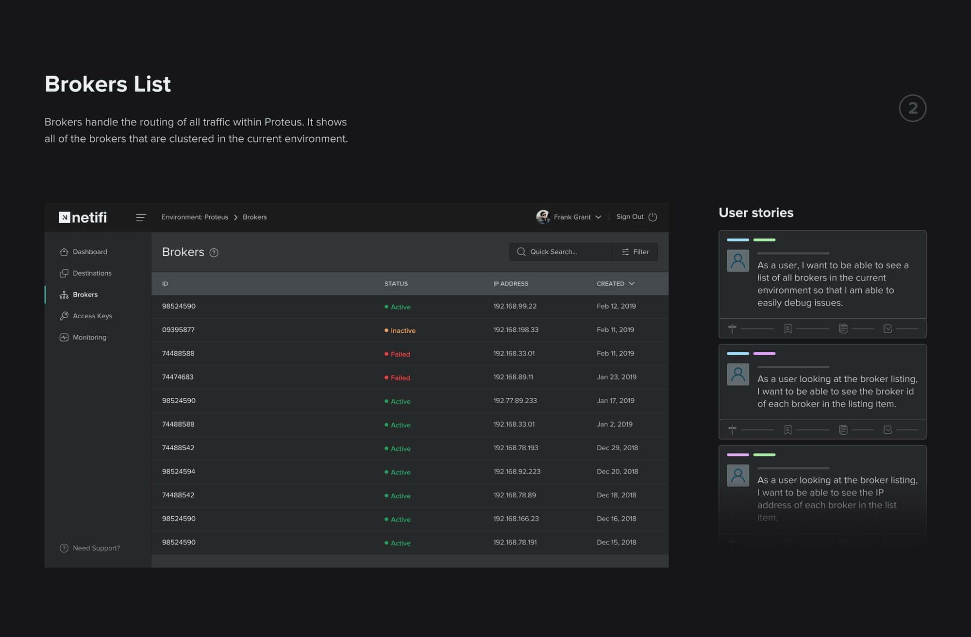 Brokers List section of the Netifi Control Center, which displays all brokers clustered in the current environment