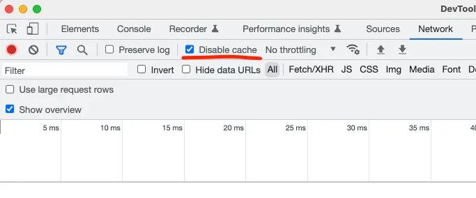Location of the "disable cache" checkbox in Chrome Devtools' Network tab