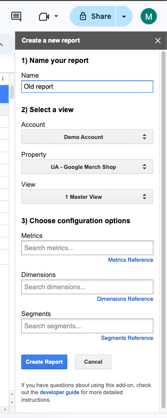 Google Analytics add-on in Google spreadsheets