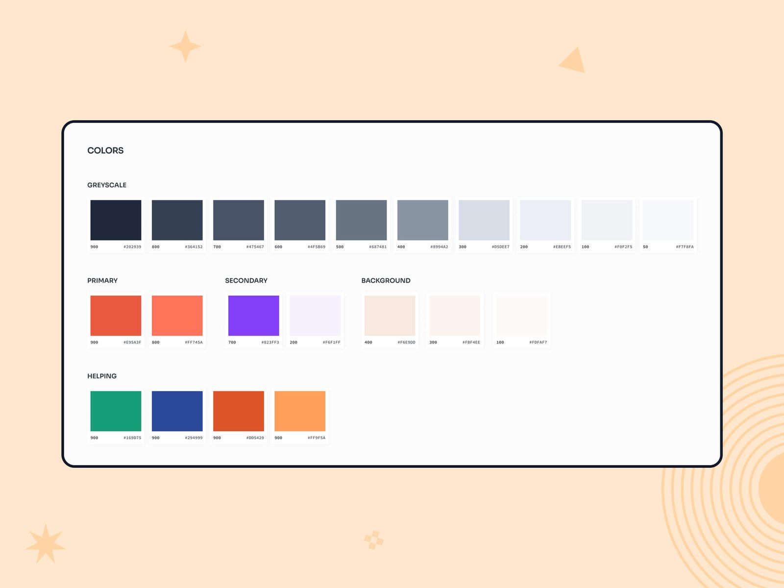 A color palette guide featuring various shades of greyscale, primary and secondary colors, background colors, and additional helping colors