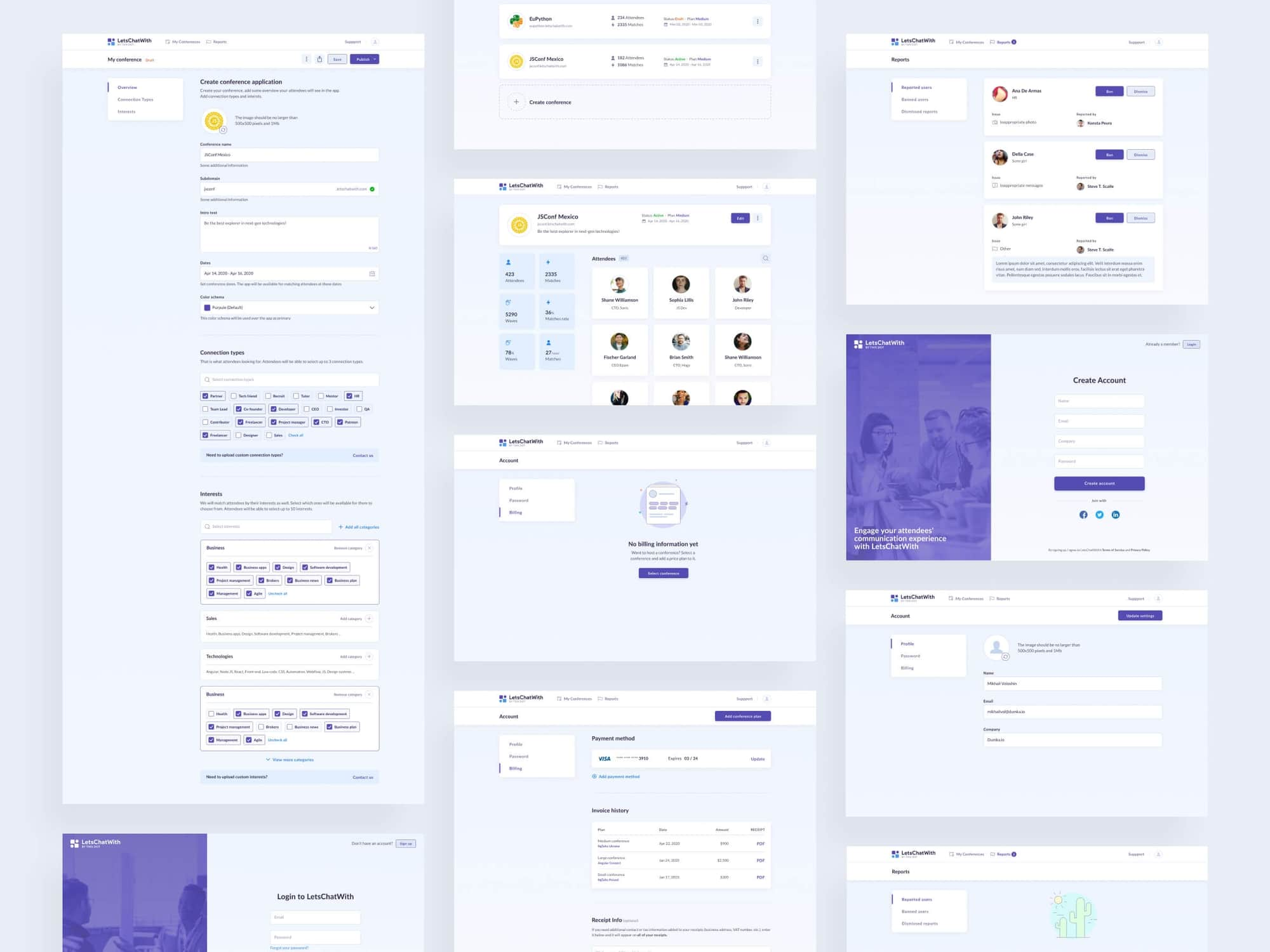 Various user interface screens of application for organizers