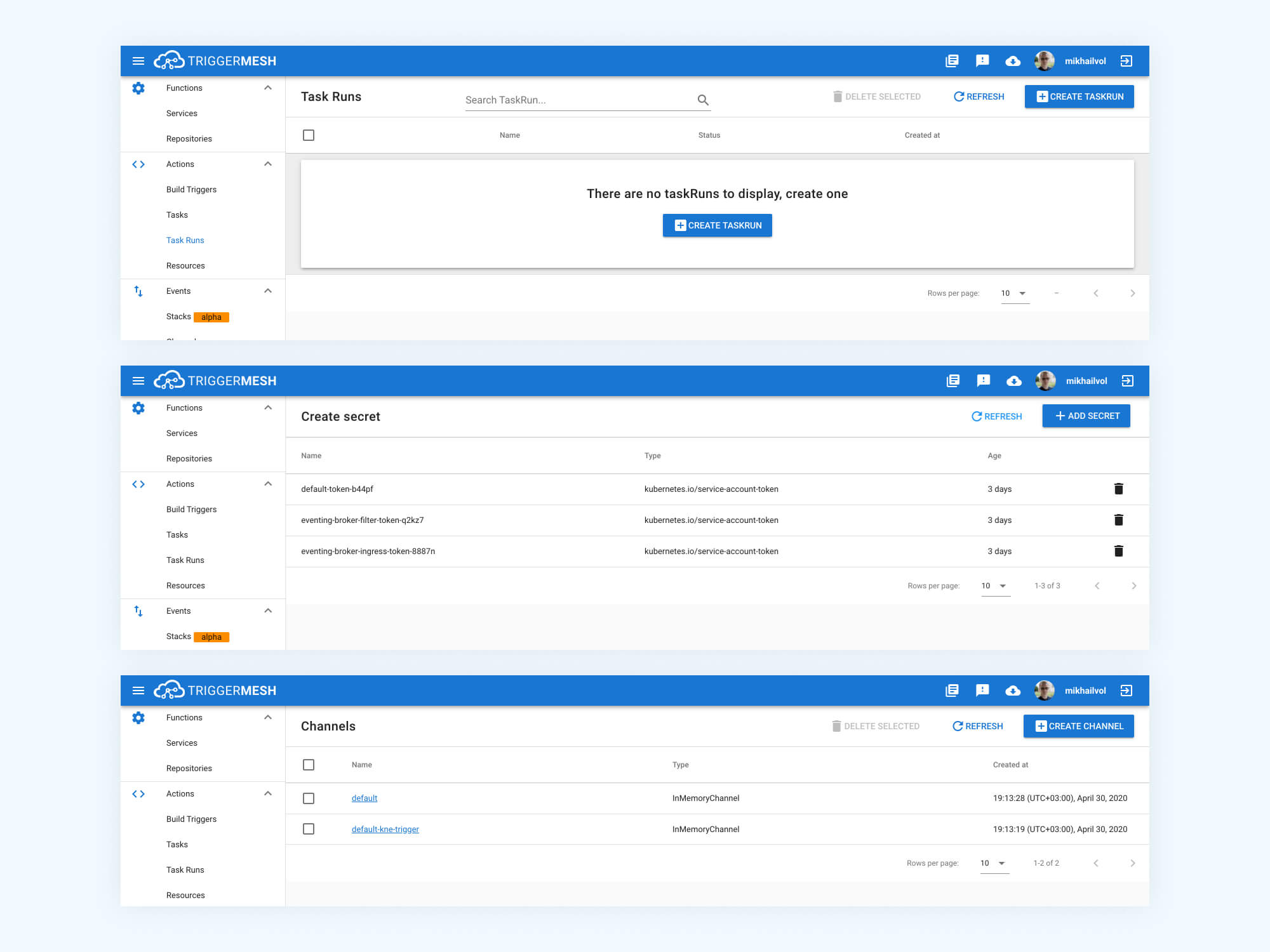 Three different views of the TriggerMesh interface: the first view shows the Task Runs section; the second view shows the Create Secret section; the third view shows the Channels section