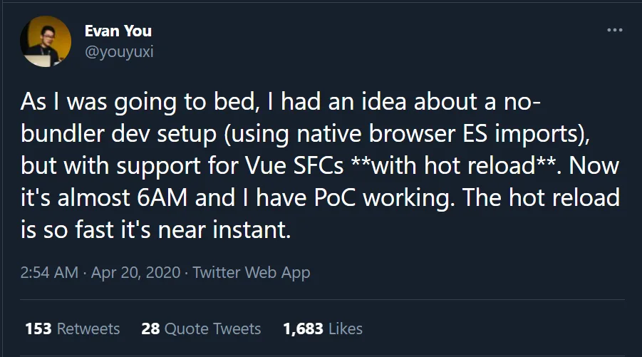 Evan You's first tweet about Vite