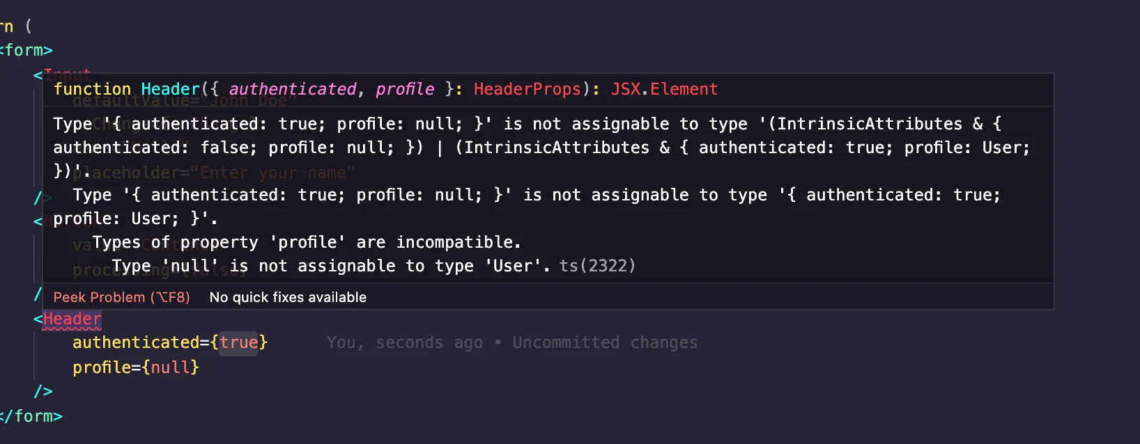 Error gotten after passing unaccepted value to Header component