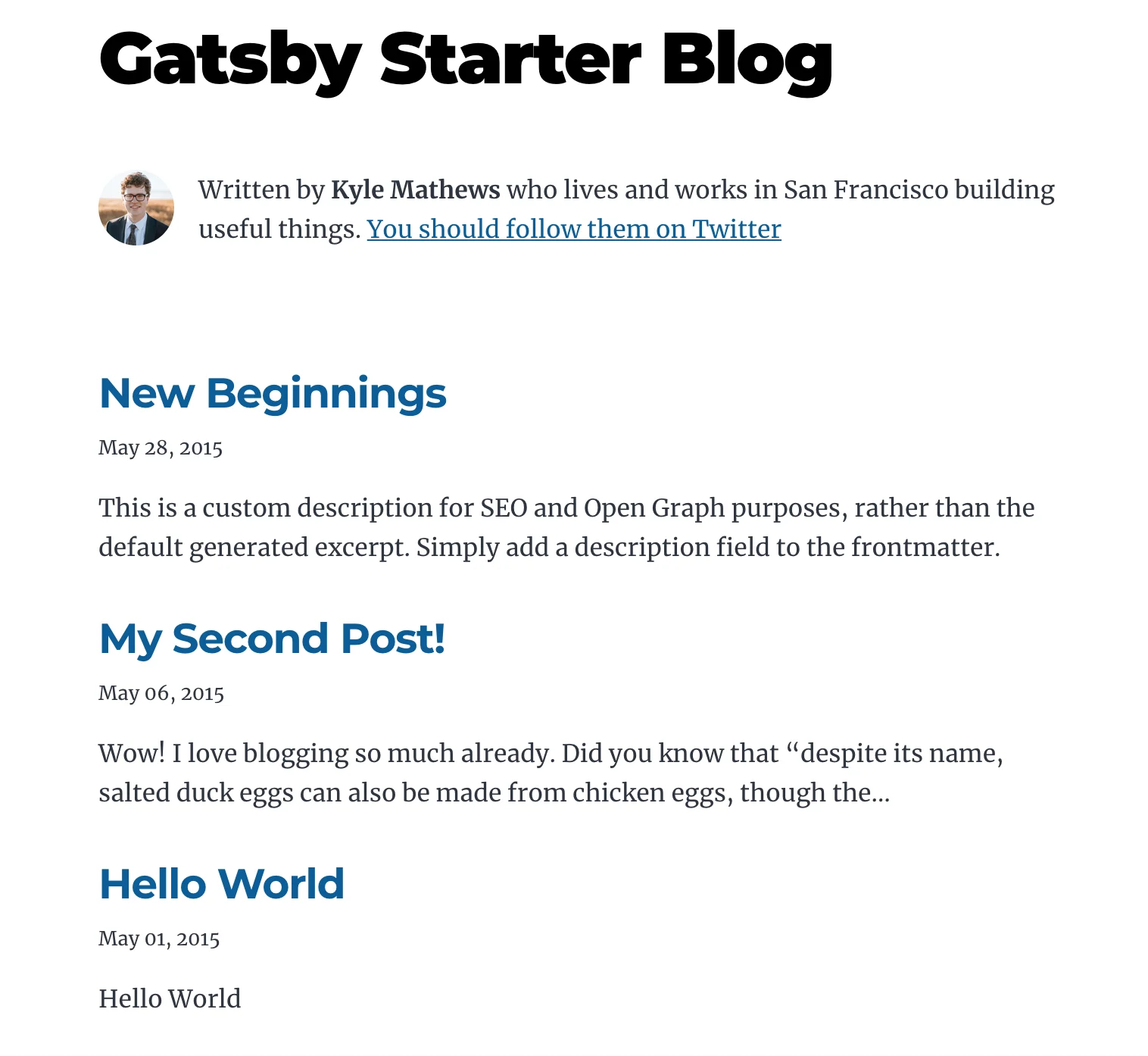 Gatsby Starter Blog Template Homepage
