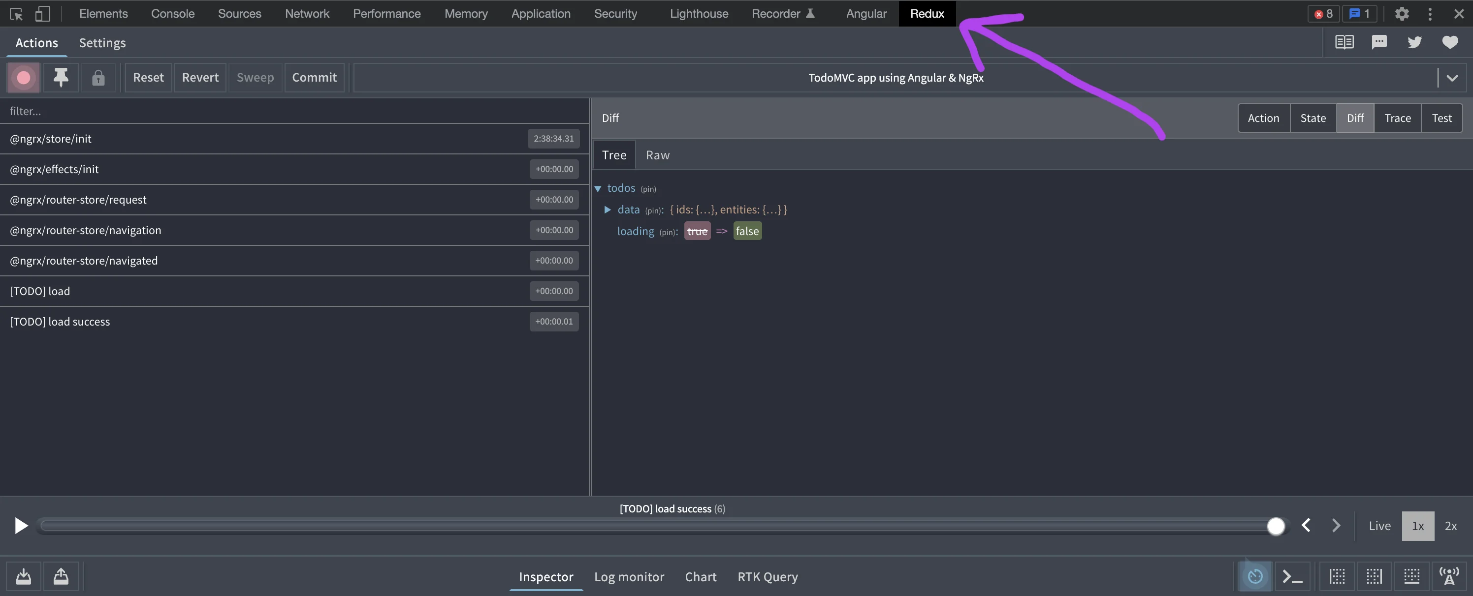 Screenshot Demonstrating NgRx State Changes in Redux Devtools