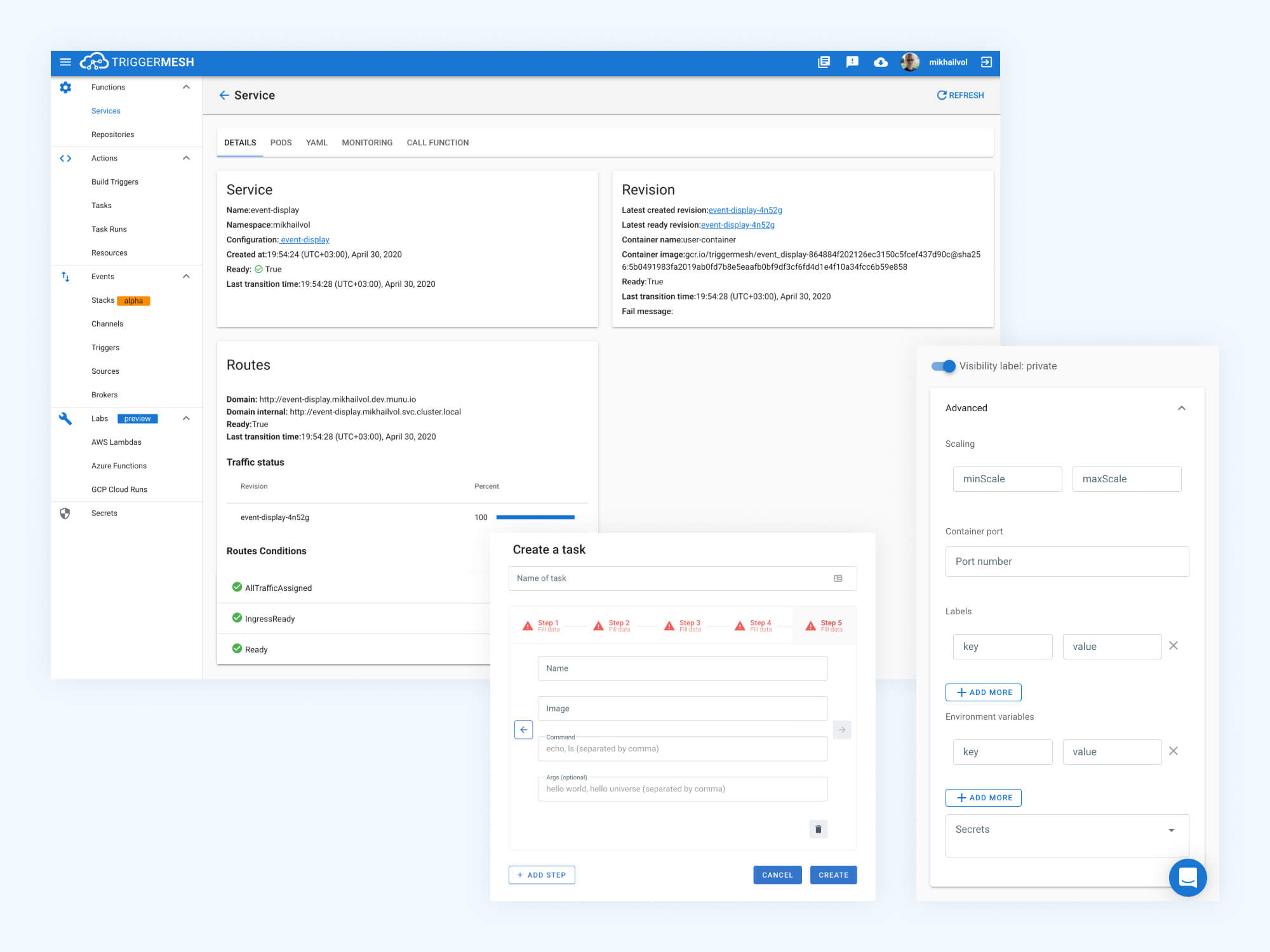 TriggerMesh interface, focusing on the Service section, which includes tabs for details, pods, YAML, monitoring, and call function