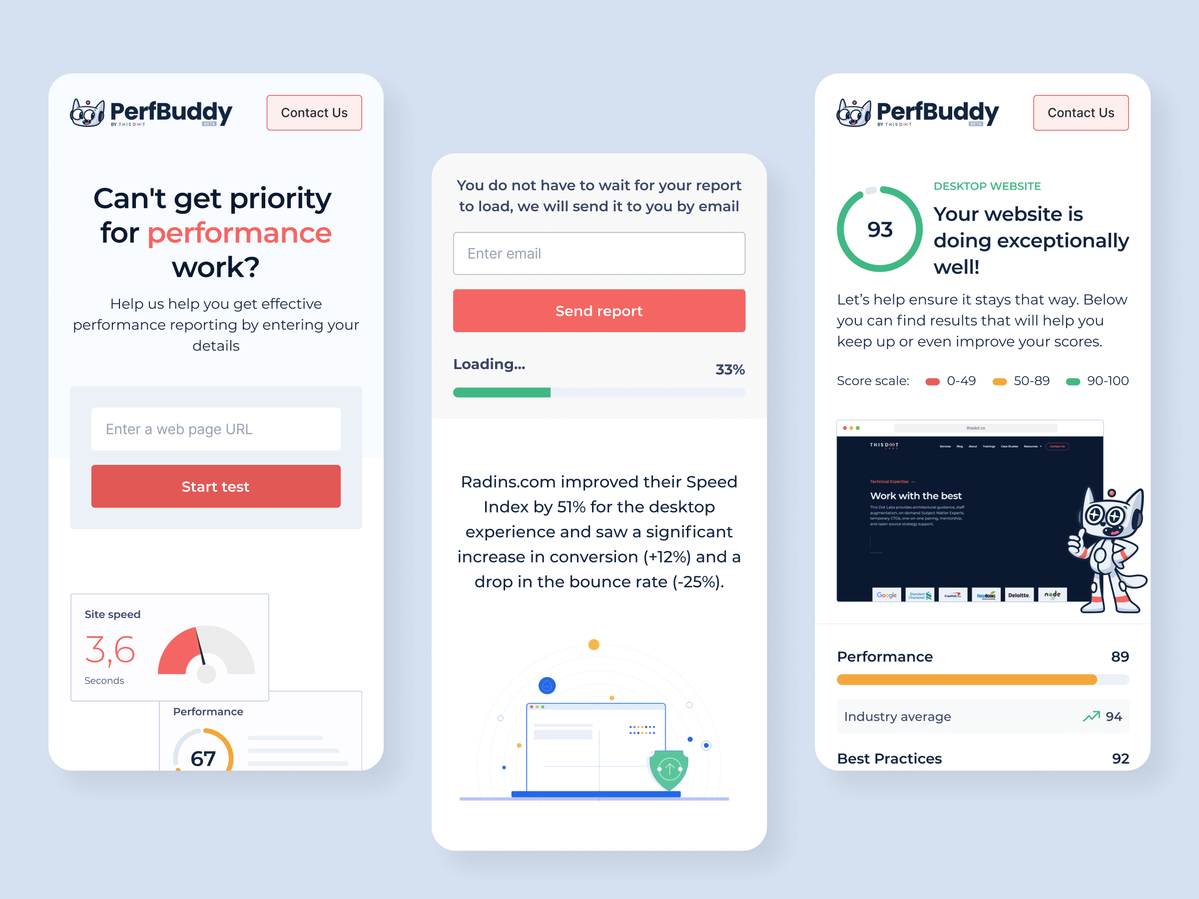 Three mobile views of Perfbuddy app