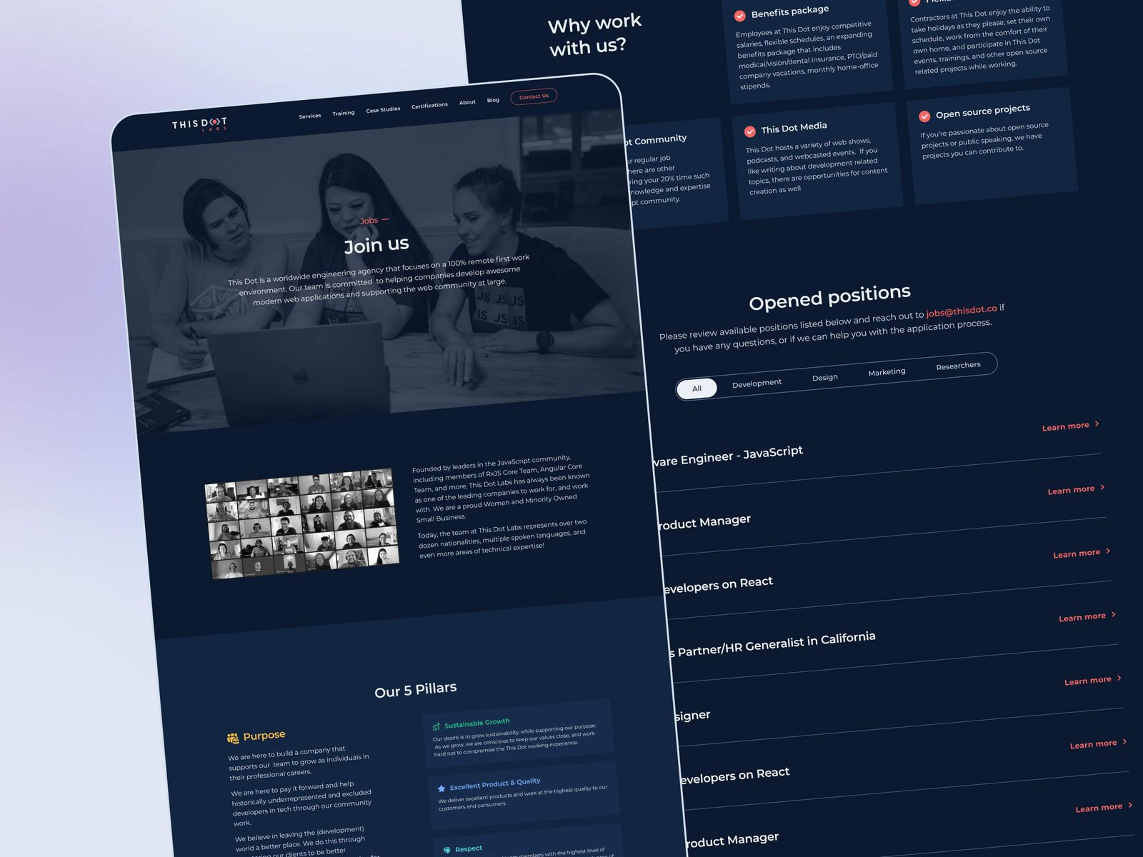 Website design for This Dot Labs, specifically the Join us and Opened positions sections