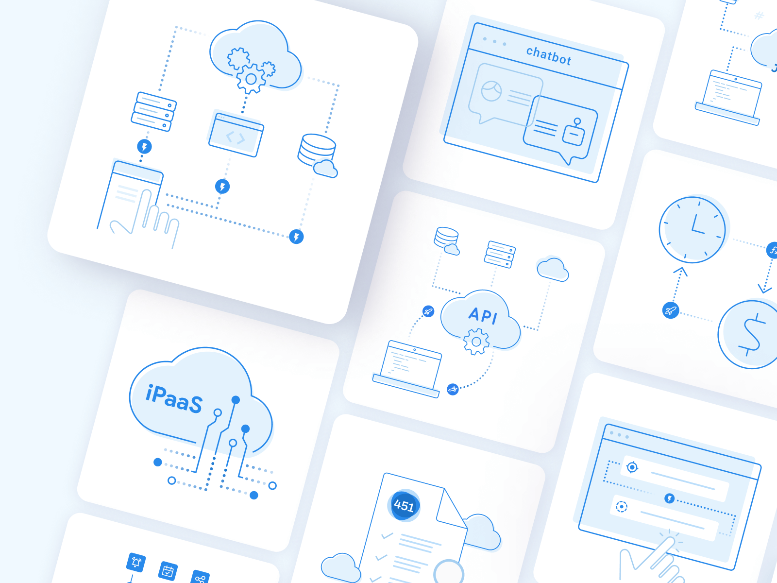 Collection of blue line illustrations representing various cloud computing and integration concepts