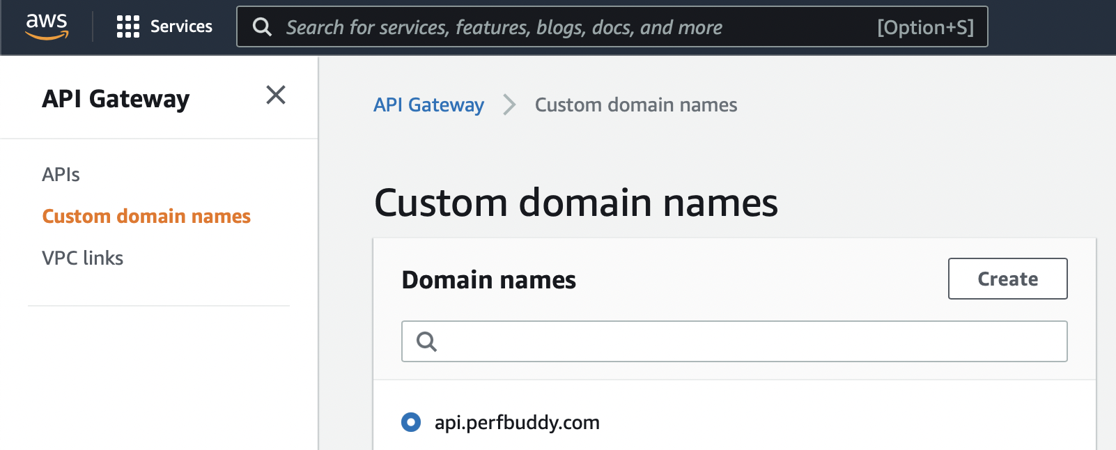 AWS Custom Domain Names List Screenshot