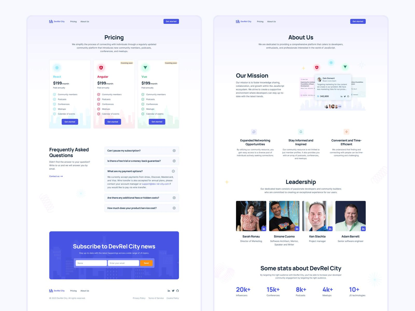 Pricing and About Us pages of the DevRel City platform