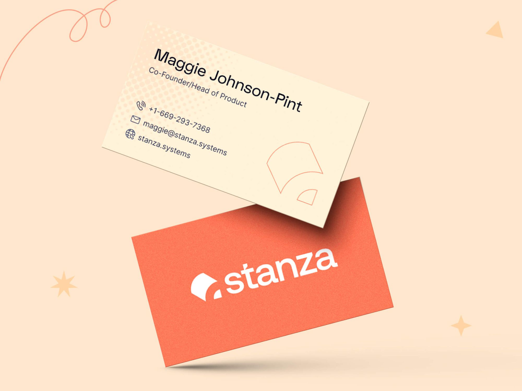 Front and back design for Stanza business card with employee information on one side and logo on the other