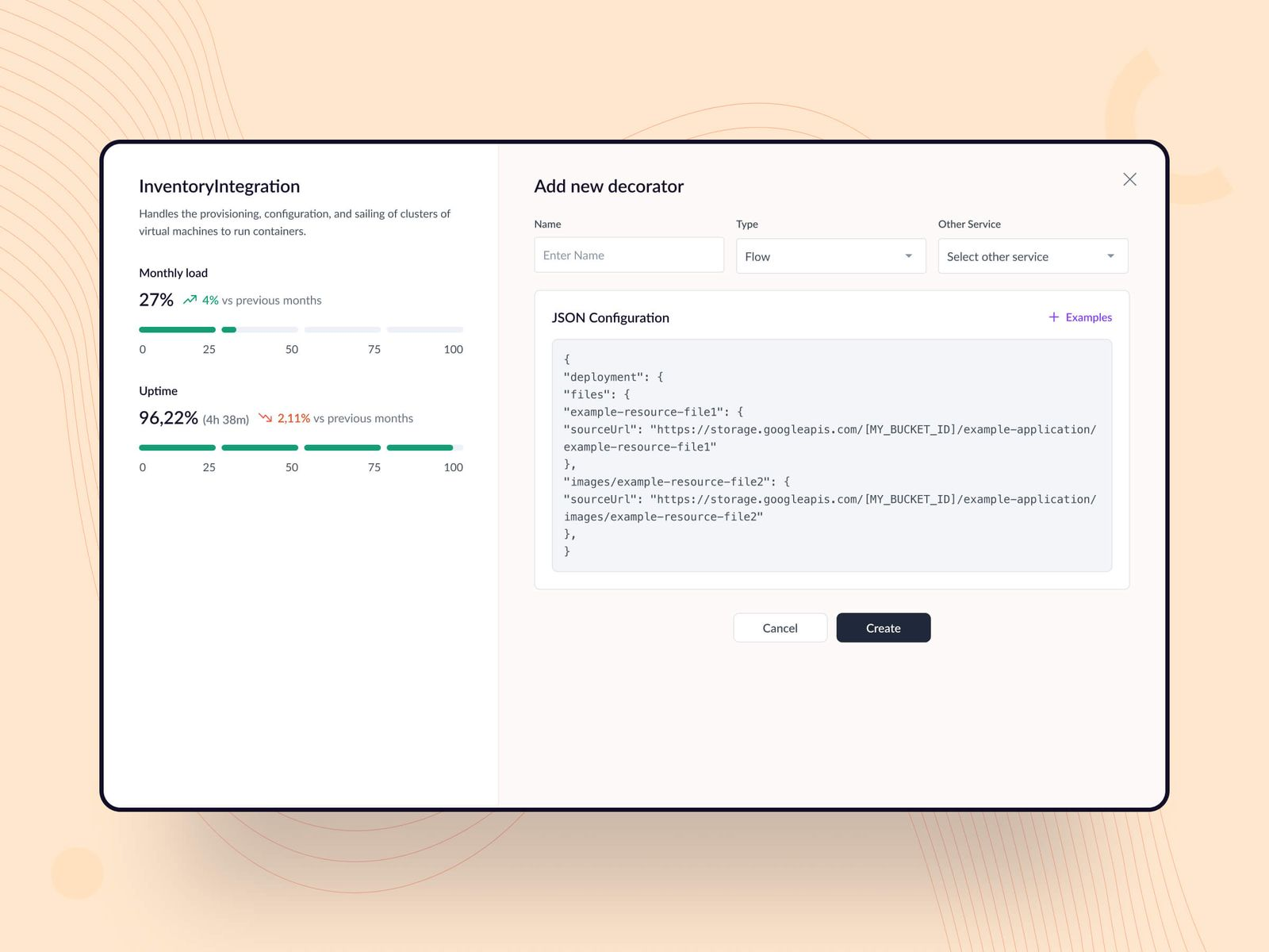 Application interface for "Inventory Integration" displaying performance metrics on the left, and a form to add a new decorator with JSON configuration on the right