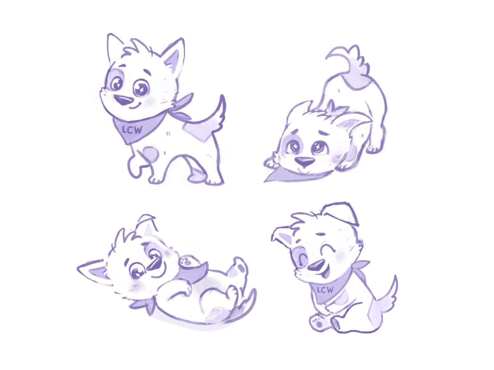 Sketches of mascot in four poses including standing, lying down, rolling over, and sitting