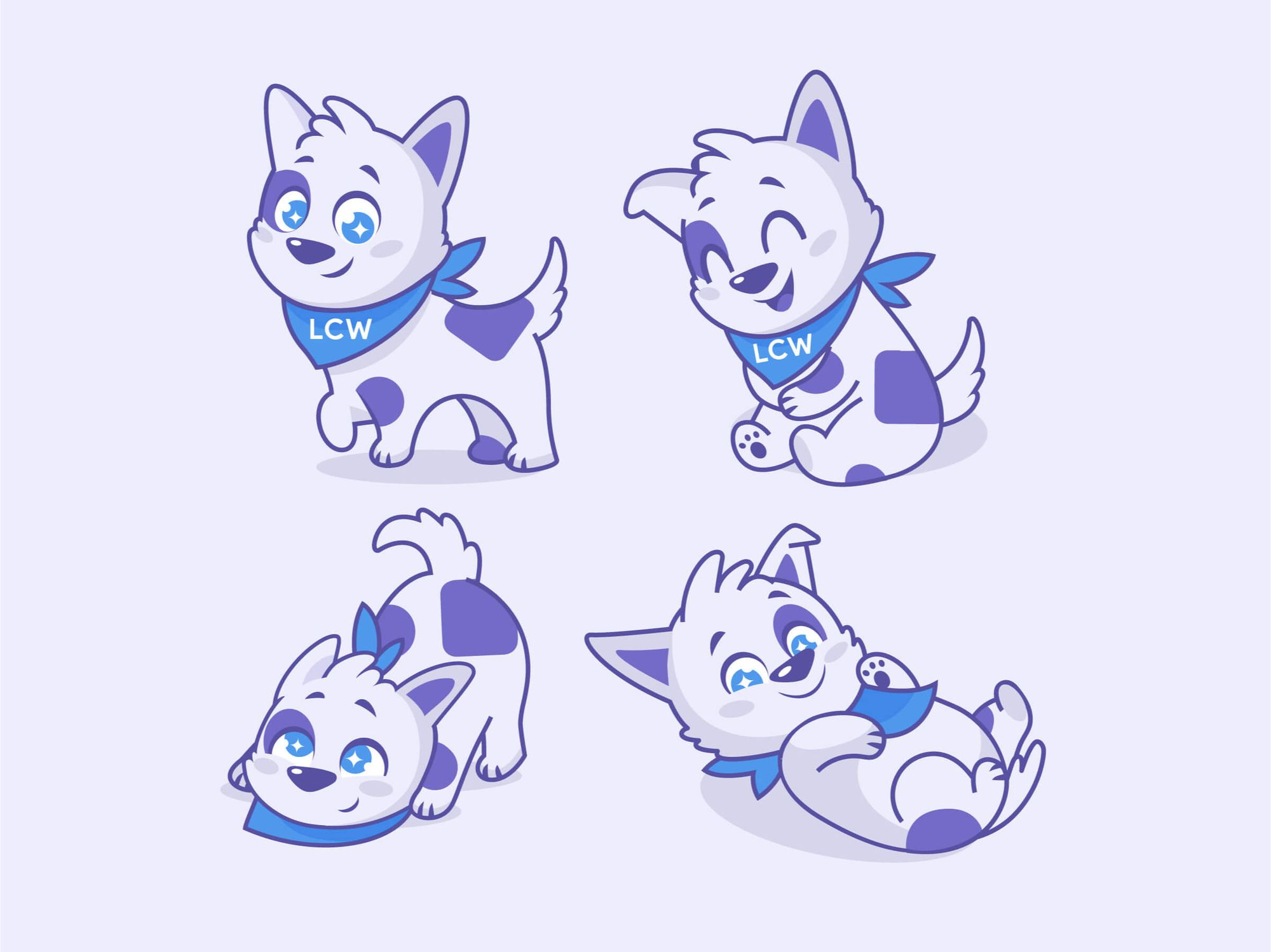 Finished drawings of mascot in four poses include standing, lying down, rolling over, and sitting