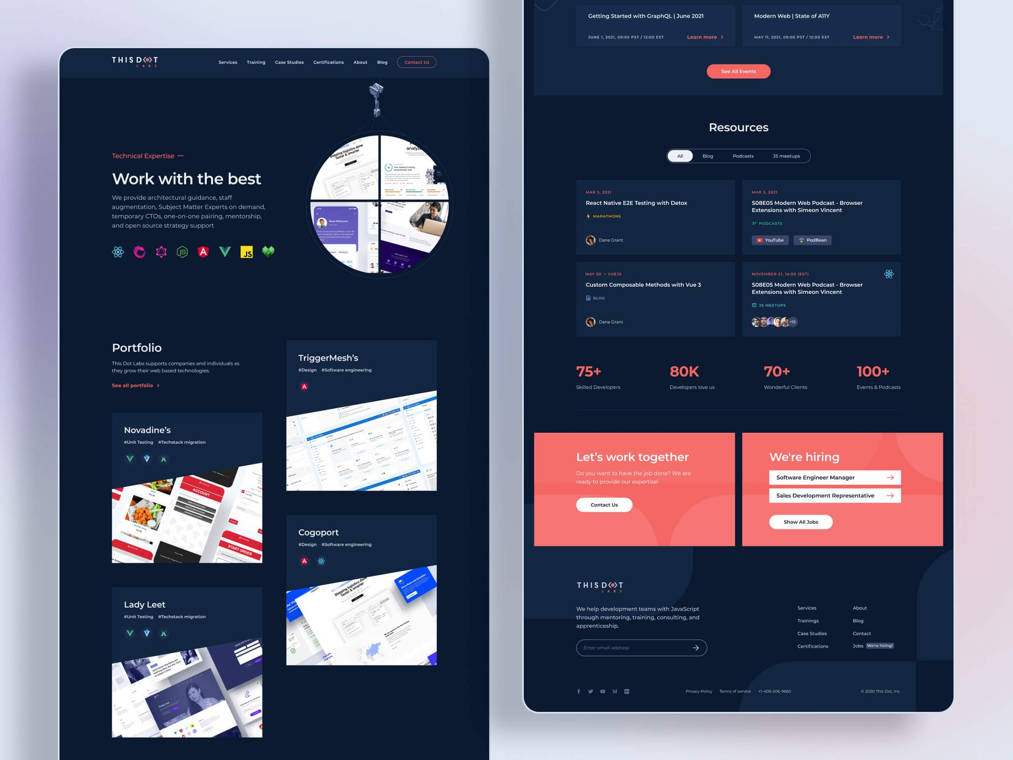 Website design for This Dot Labs, highlighting their technical expertise, portfolio, resources, and hiring opportunities