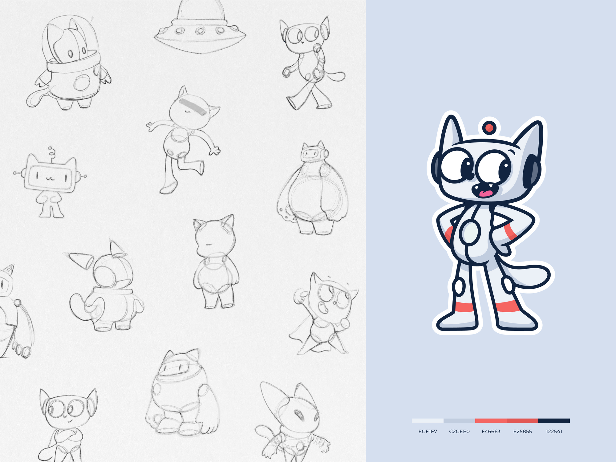 Collection of sketches on the left side and finished robot cat mascot on the right