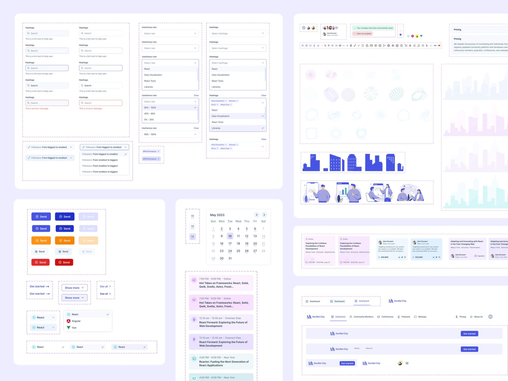 Various UI components and design elements for the DevRel City platform