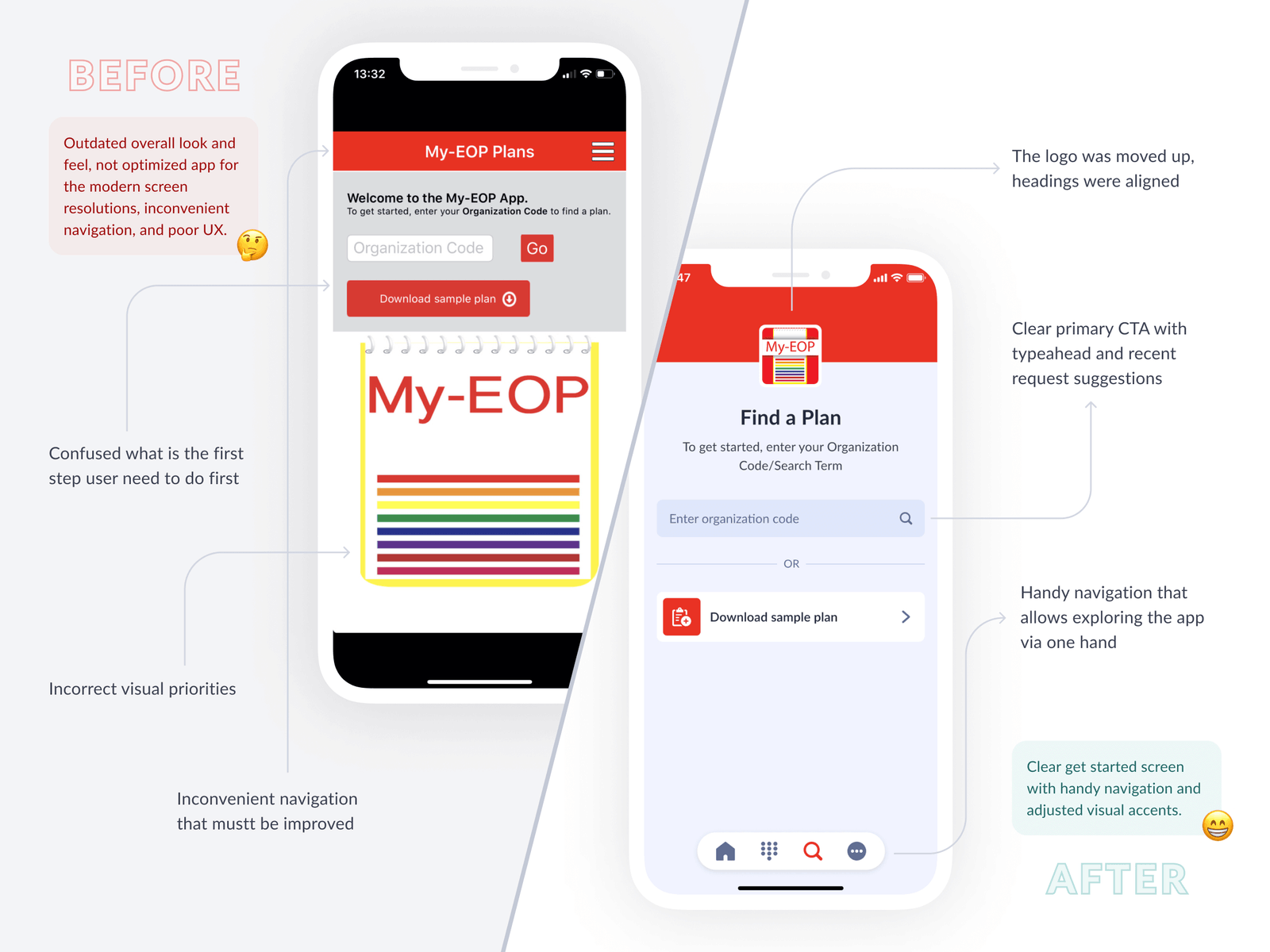 Comparison of the My-EOP Plans app interface before and after a redesign