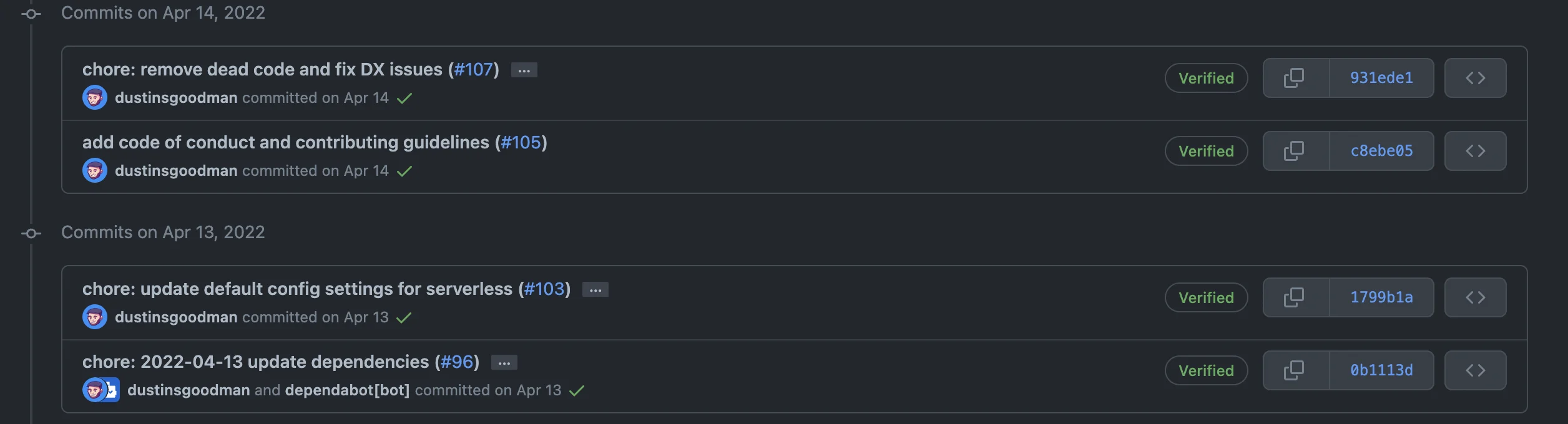 git history example with squash merge