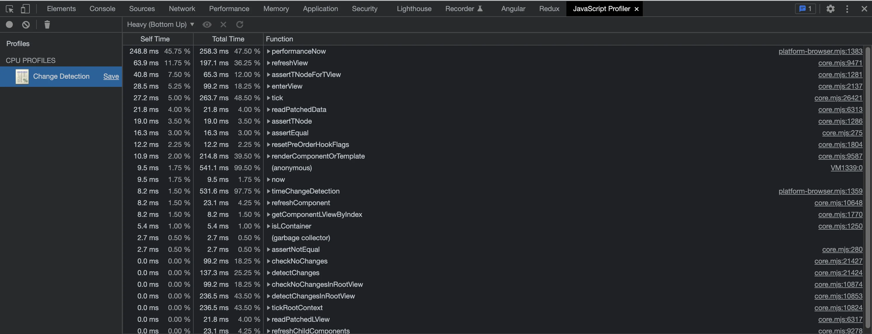 Screenshot of JavaScript Profiler Results