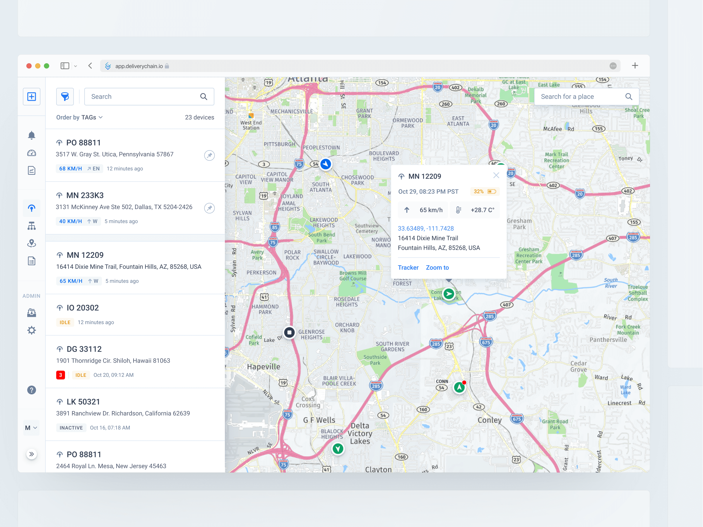 Dashboard view displaying actively tracked trucks in a map interface with additional metadata shown