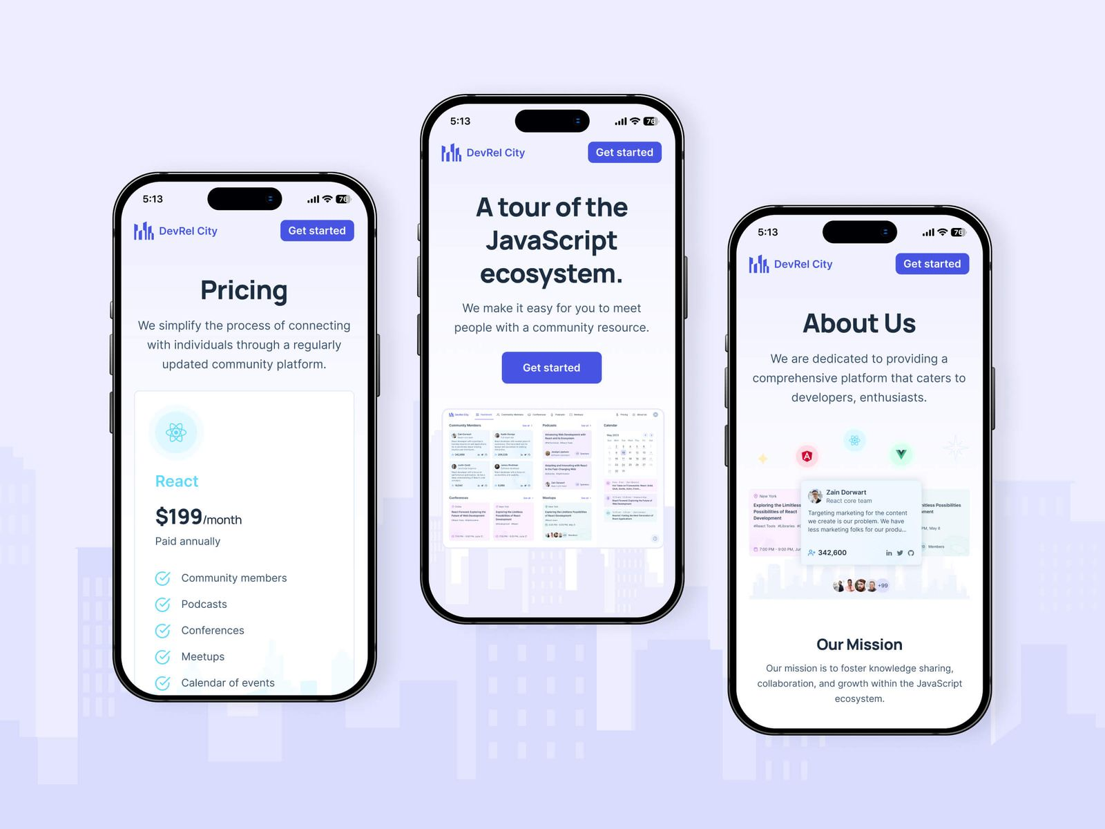 Mobile screens highlighting Pricing, Overview, and About Us sections