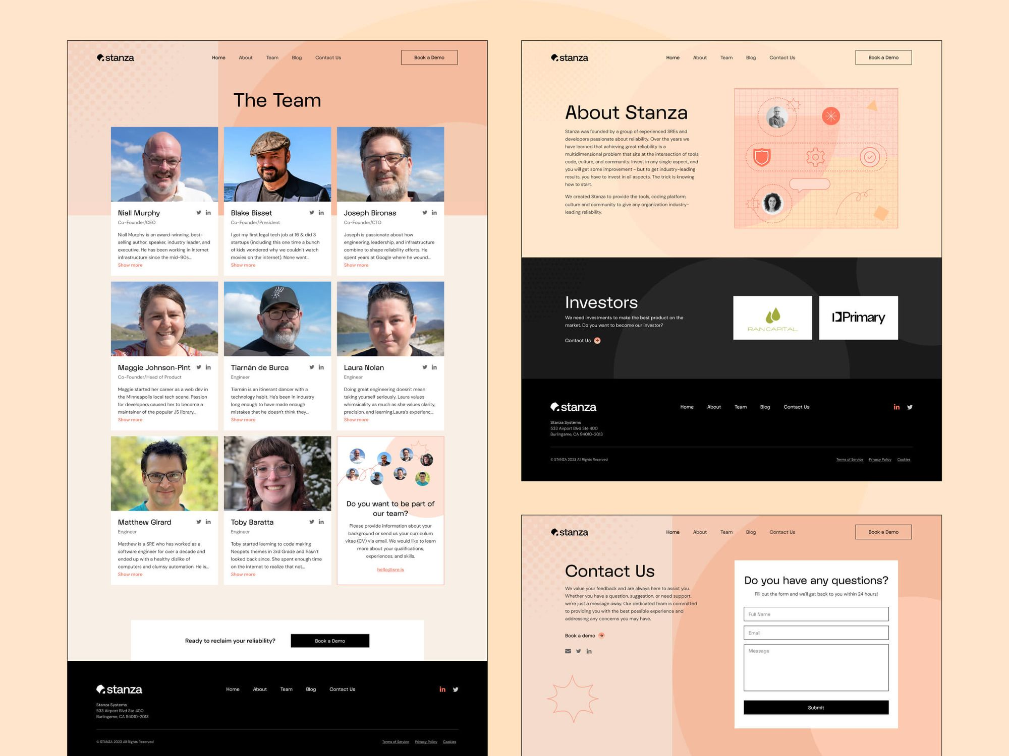 Stanza team members, company information, investor details, and a contact form, with options to book a demo and connect on LinkedIn