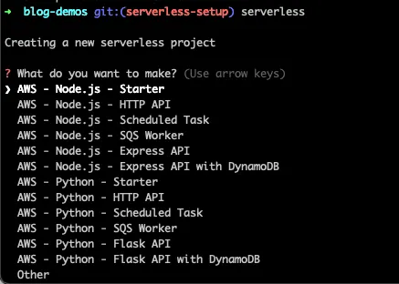 Output of running the serverless CLI showing prompts to initialize a new project