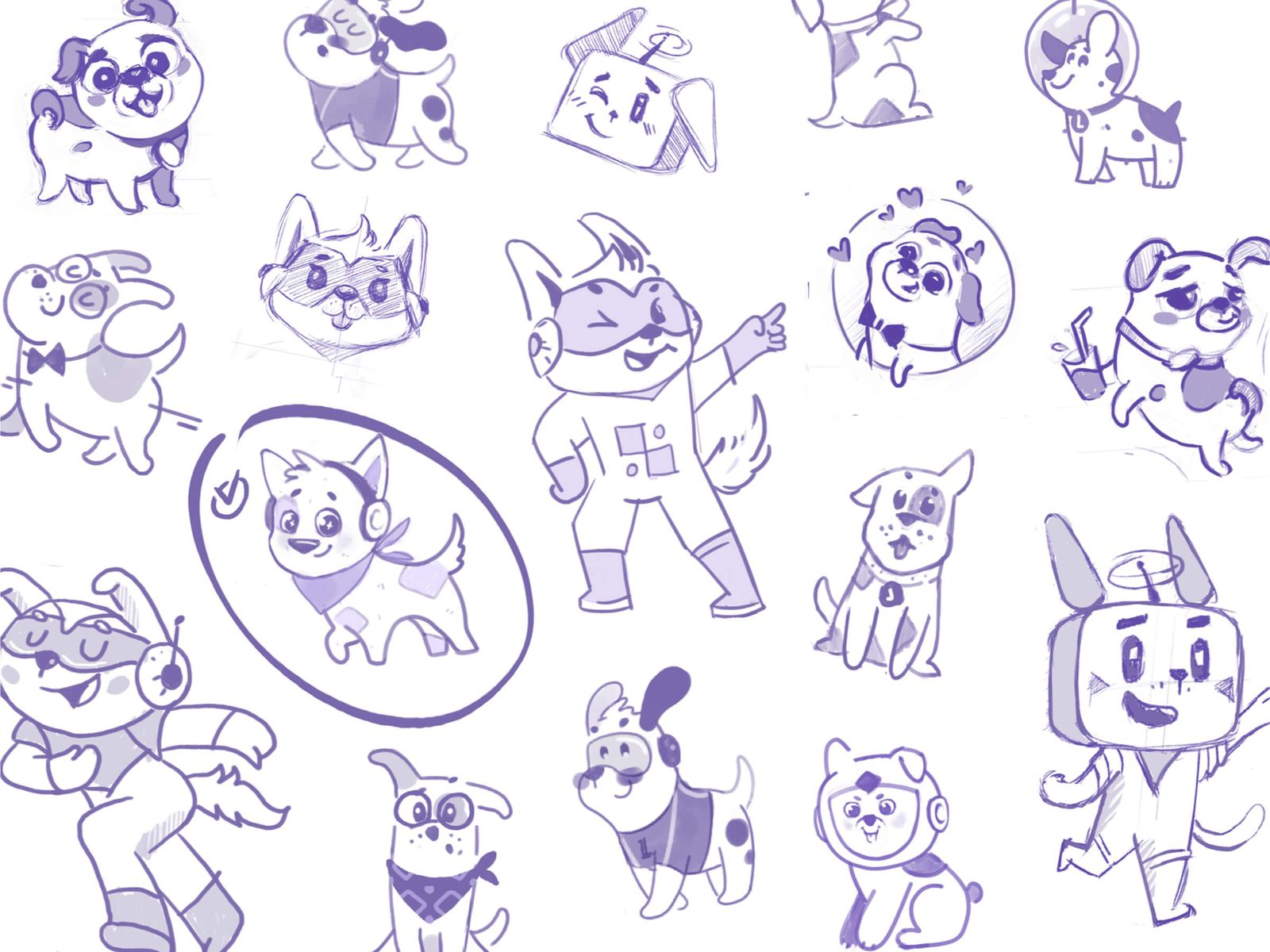 Collection of various sketches and concept designs of dog mascots with one of them being circled