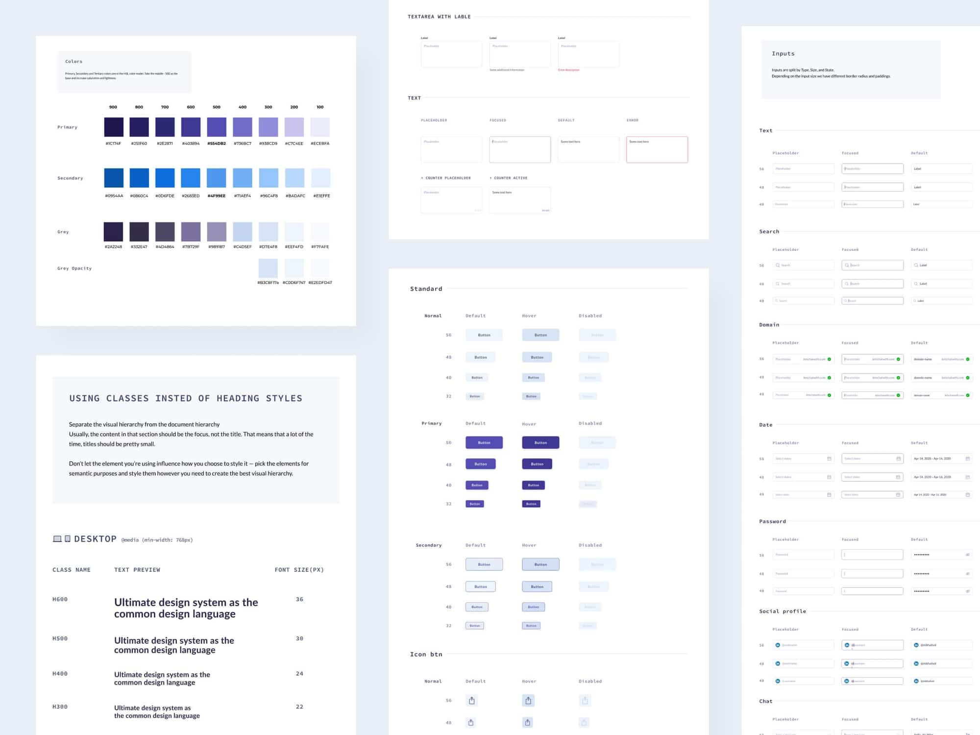 Comprehensive design system layout for a user interface, covering various design elements and their specifications