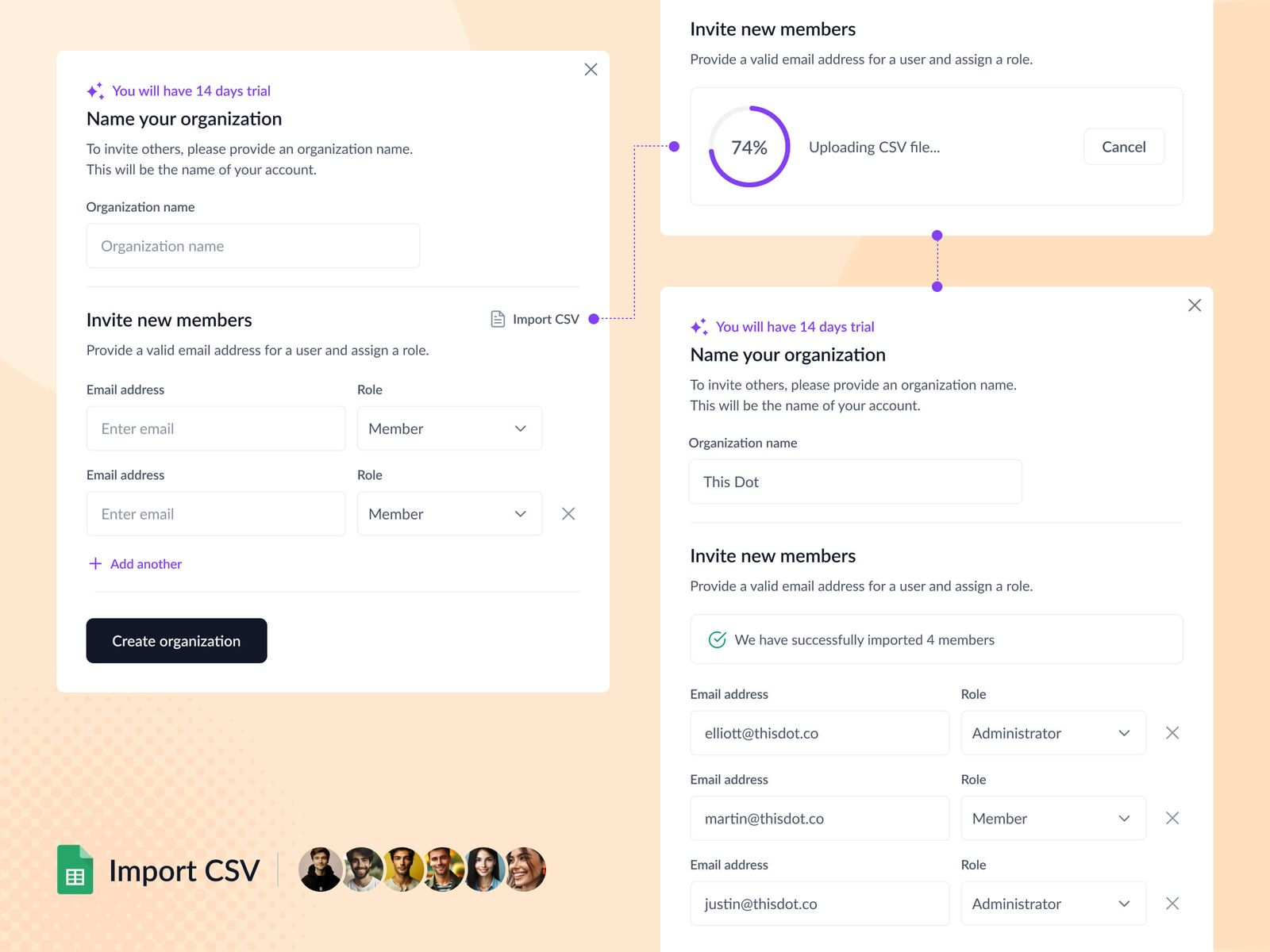 Workflow process for creating a new organization and inviting new members