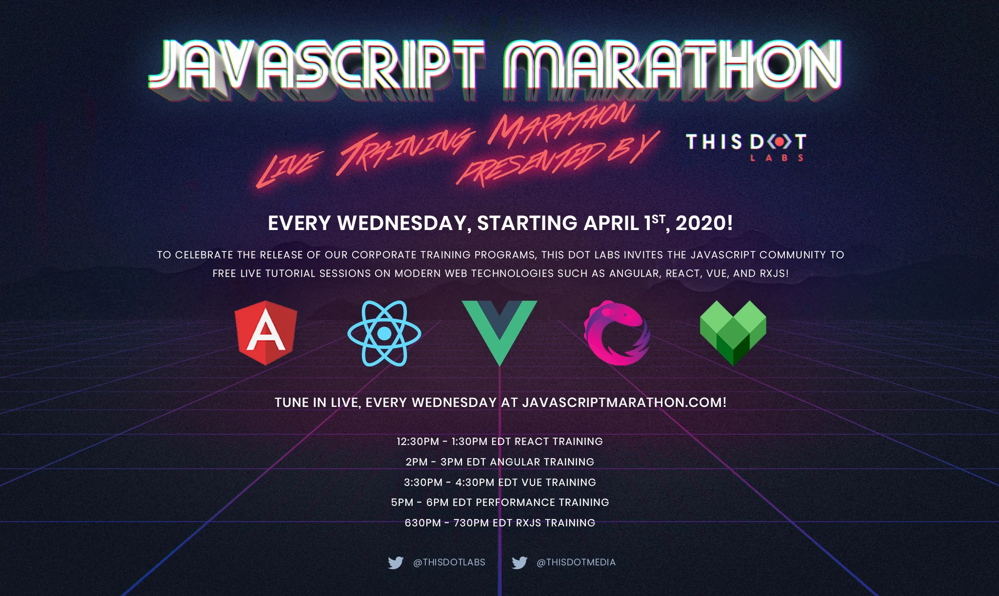 Announcing Free JavaScript Training During the JavaScript Marathon - This Dot Celebrates Remote Corporate Training Courses with Free Classes All April cover image