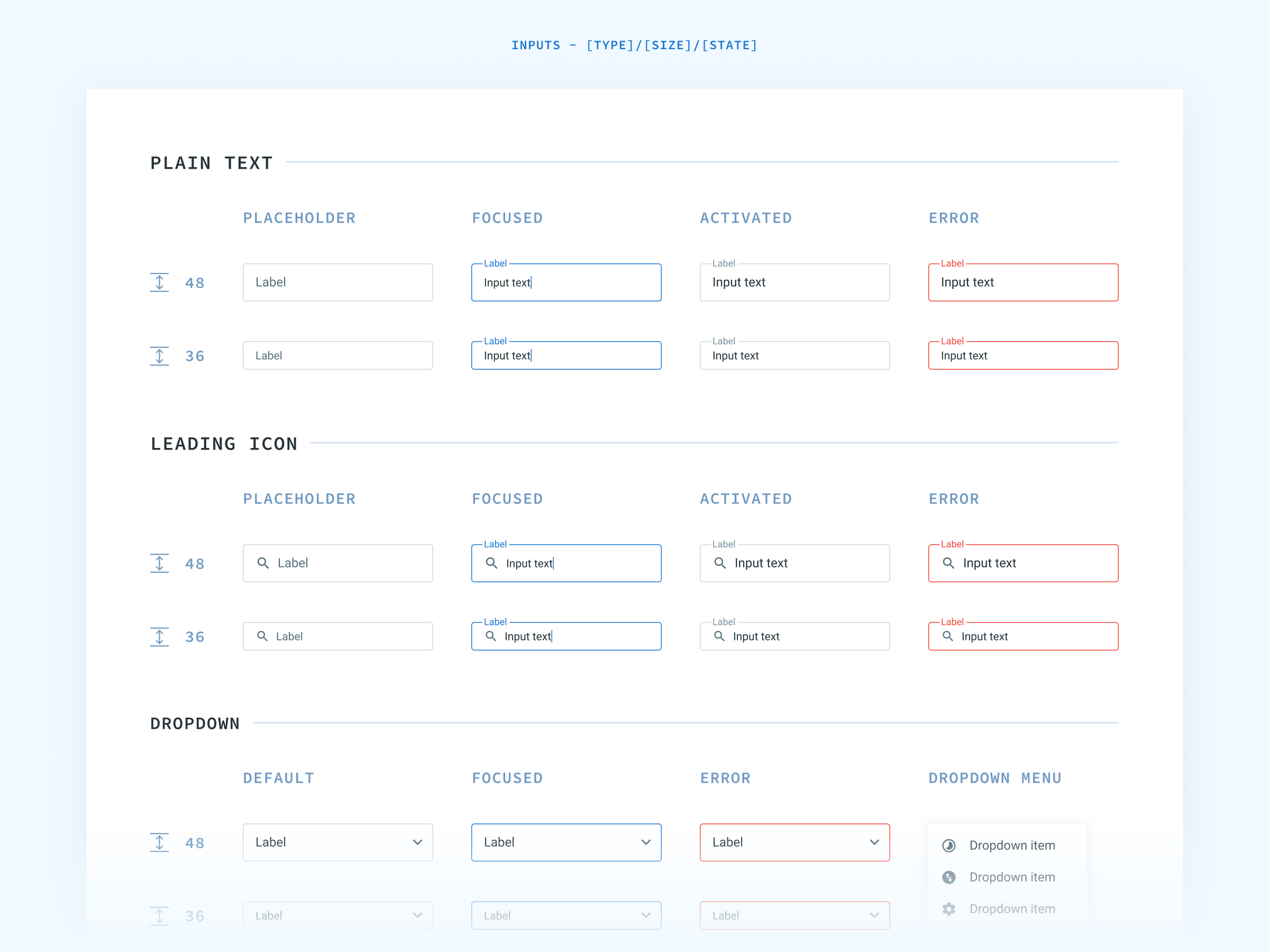 Design system for input fields, illustrating different types, sizes, and states
