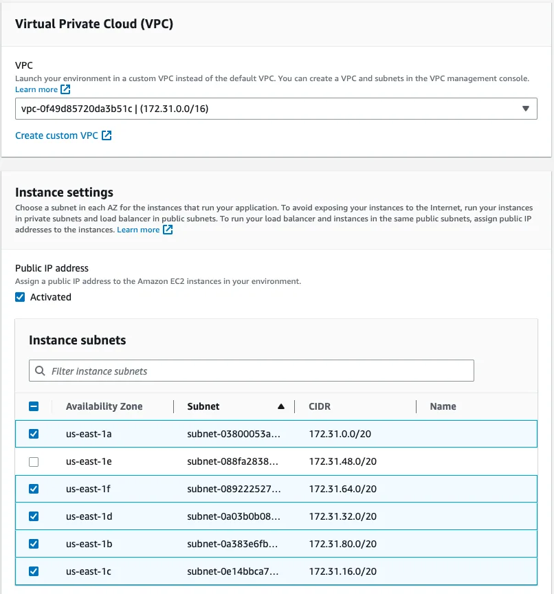 VPC and instance settings